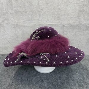 NWT Ms Divine Hat Womens Purple Velvet Fur Trim Rhinestone Studded Derby Church